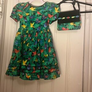 Floral Green Kids Casual Dress with Matching Bag